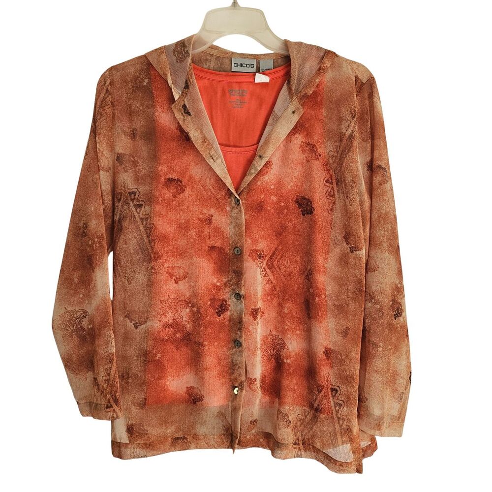 Chicos Sheer Hooded Top with Tank Sz 0 US Small (4) Button Up Blouse & Shell